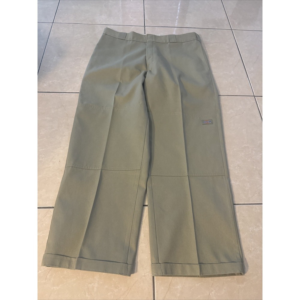VTG Y2K Dickies Mens 37x29 Loose Fit Double Knee Wide Leg Beige Pants Logo Baggy